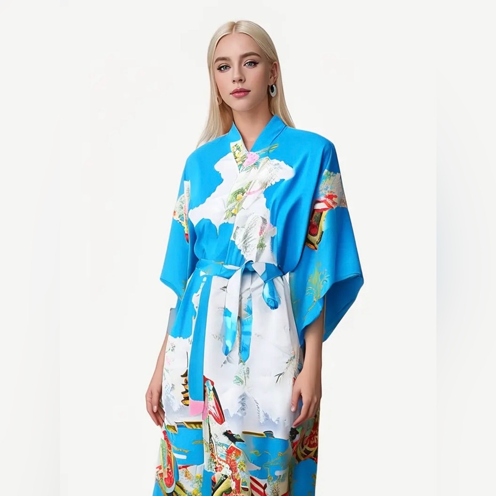 Elegant Blue Floral Kimono Robe